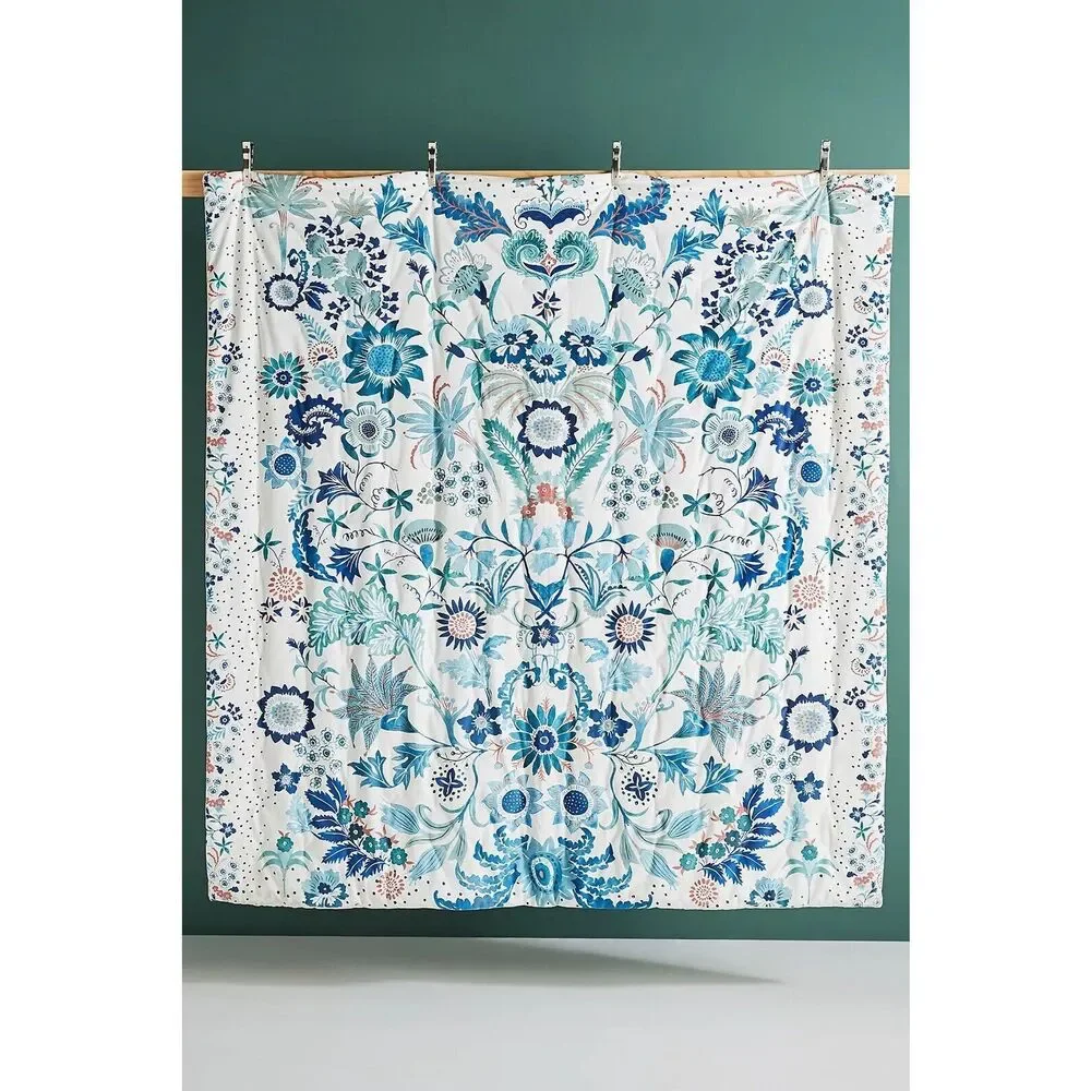 Anthropologie Blue Teal Floral Quilted Coverlet Set